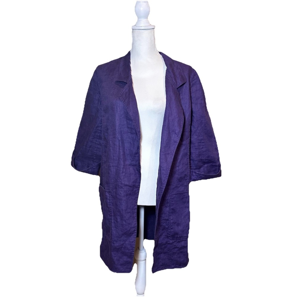 Linda Allard Ellen Tracy Linen Jacket Purple Size 10 Open Front Blazer